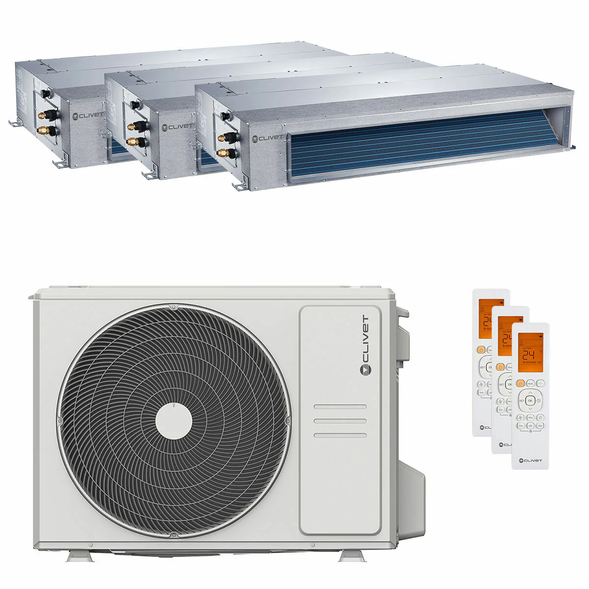 Condizionatore canalizzabile Clivet DUCT 2 trial split 9000+12000+12000 BTU inverter A++  unità esterna 7.9 kW