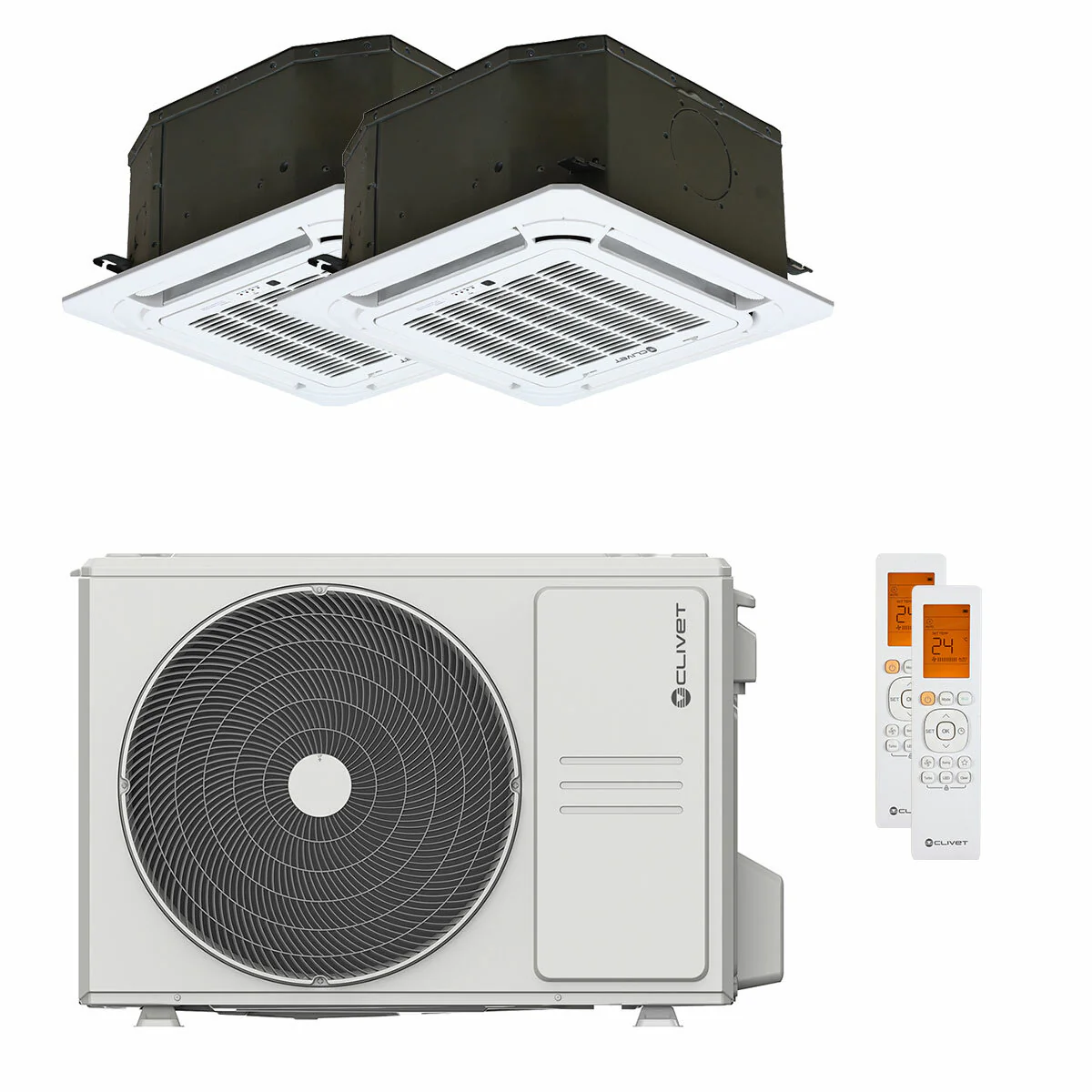 Condizionatore Clivet BOX 2 650x650 cassetta 4 vie dual split 12000+12000 BTU inverter A++ unità esterna 5.3 kW