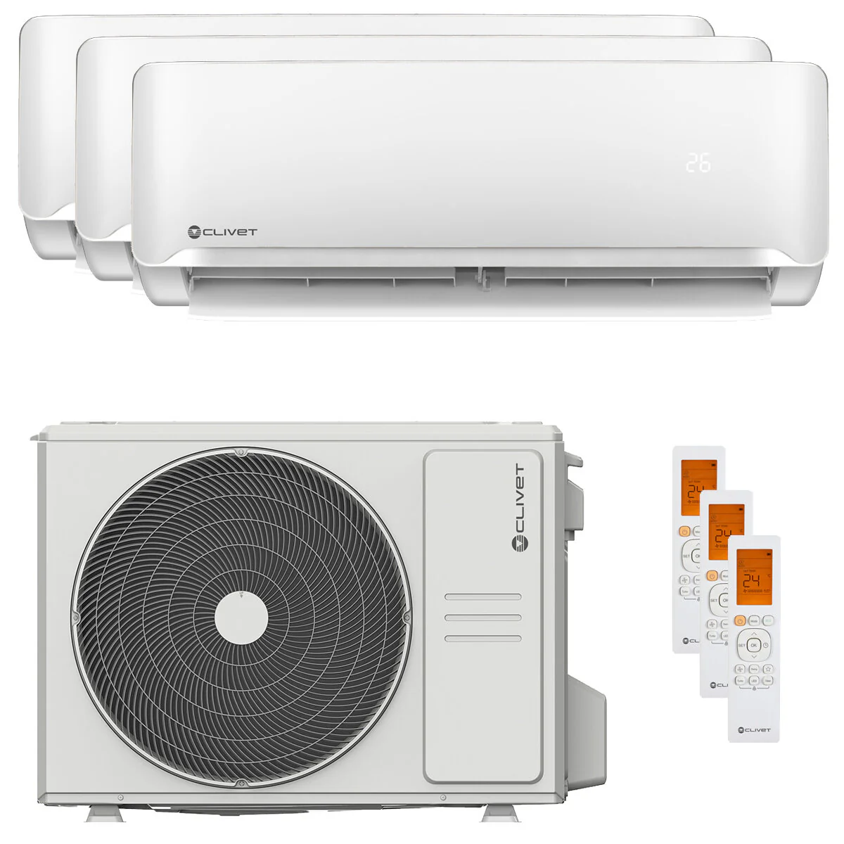 Condizionatore Clivet Essential 2 trial split 12000+12000+12000 BTU inverter A++ unità esterna 10,5 kW