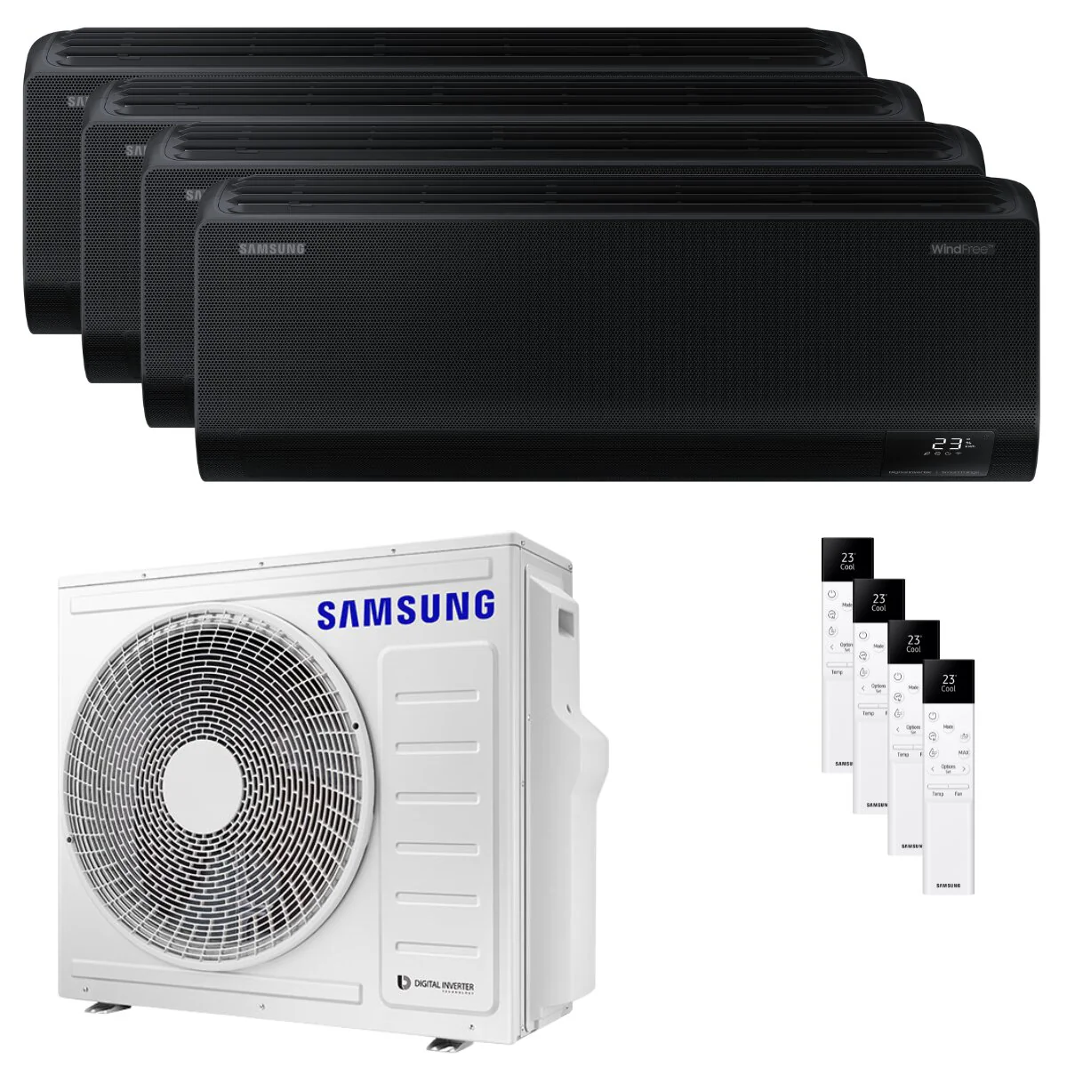 Condizionatore Samsung Windfree Black quadri split 7000+9000+9000+9000 BTU inverter A++ wifi unità esterna 8 kW