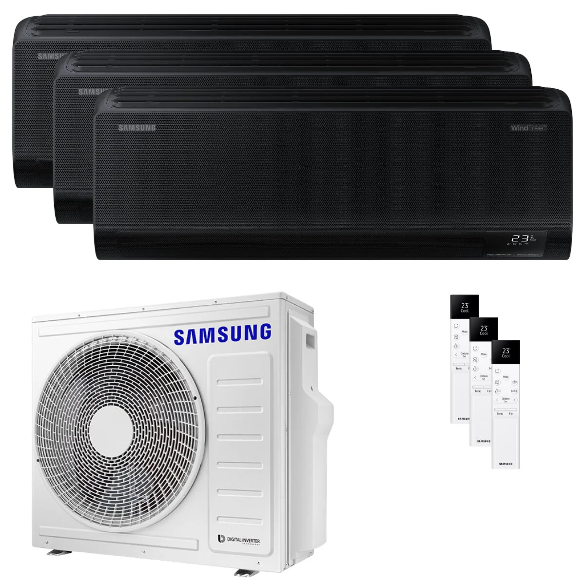 Condizionatore Samsung Windfree Black trial split 7000+12000+12000 BTU inverter A++ wifi unità esterna 6.8 kW