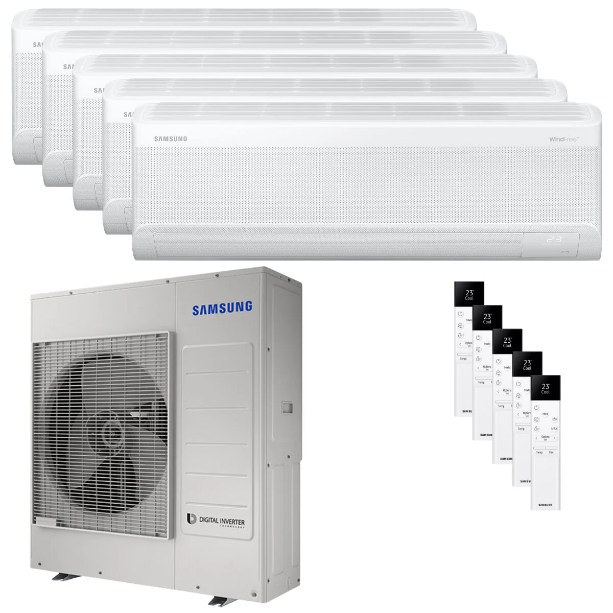 Condizionatore Samsung Windfree Elite S2 penta split 7000+7000+12000+12000+12000 BTU inverter A++ wifi unità esterna 10 kW