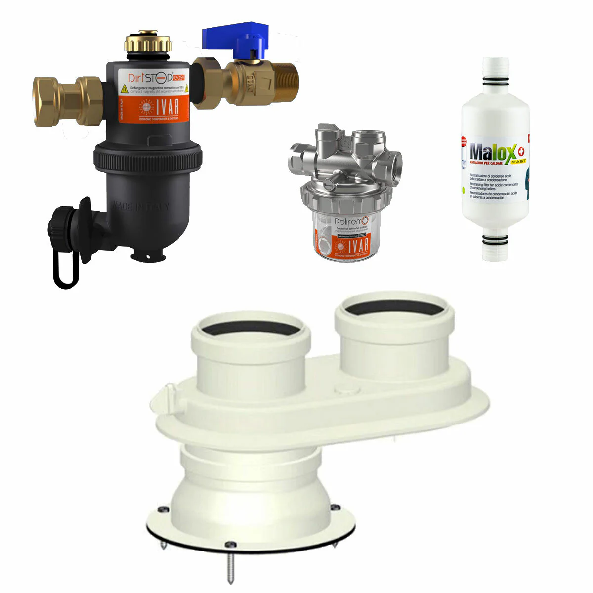 Kit installazione caldaia Bosch con defangatore - dosatore polifosfati - neutralizzatore condensa - scarico fumi sdoppiato